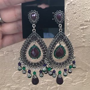 Sterling Silver Dangling Earrings - Purple & Green